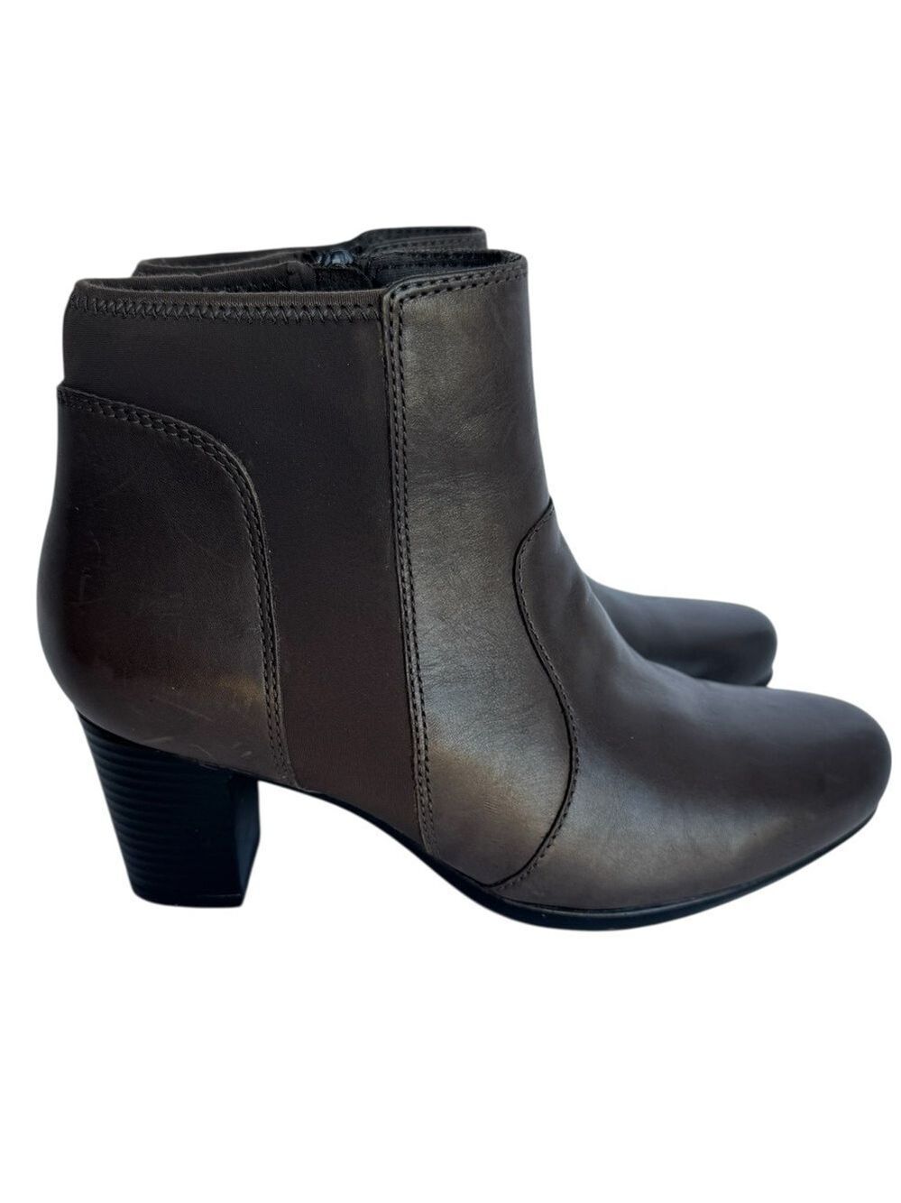 Clarks Heeled Leather Booties Womens 8 Grey Stretch Ankle Boots Classic VGUC
